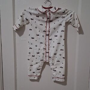 Petite Plume White Baby One-Piece with Train Print and Red Trim